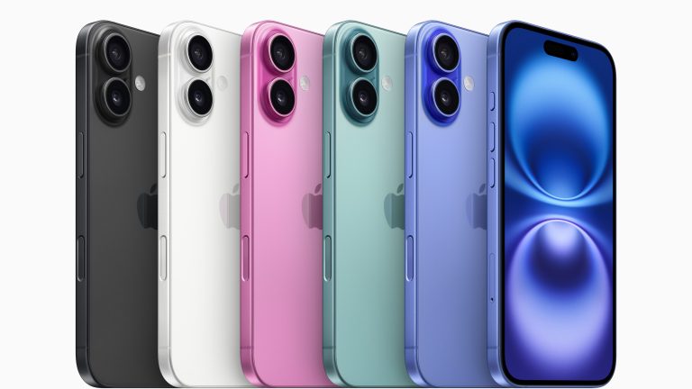 Das iPhone 16 in seinen f&uuml;nf Farbvarianten als Produktbild.
