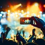 Eine Person h&auml;lt ein Smartphone horizontal in die H&ouml;he, um ein Foto von einer B&uuml;hne zu schie&szlig;en auf der ein Konzert stattfindet.