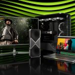 Eine Grafikkarte der 50er-Serie steht zwischen einem Laptop, einem Gaming-PC und einem Monitor, auf dem Indiana Jones zu sehen ist.