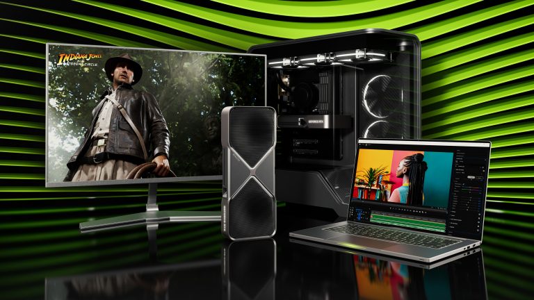 Eine Grafikkarte der 50er-Serie steht zwischen einem Laptop, einem Gaming-PC und einem Monitor, auf dem Indiana Jones zu sehen ist.