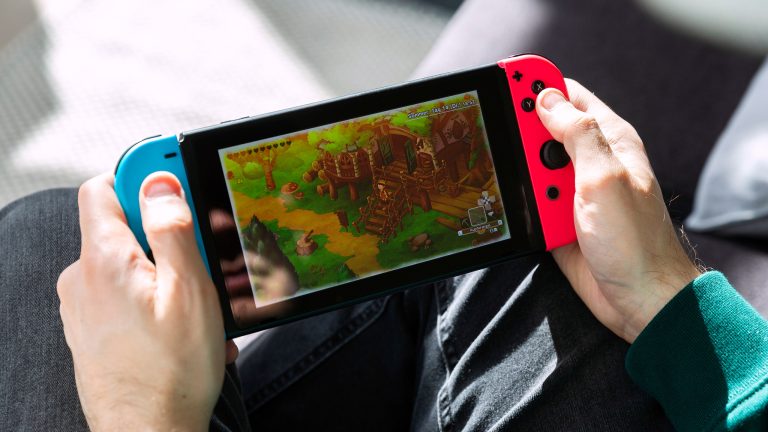 Eine Person h&auml;lt eine Nintendo Switch in der Hand und spielt darauf ein Cozy Game.