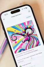 Auf einem iPhone ist die Bild-Erstellung von ChatGPT mit einem bunten Einhorn als Ergebnis zu sehen.