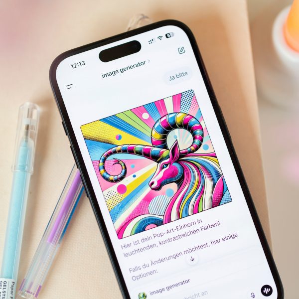 Auf einem iPhone ist die Bild-Erstellung von ChatGPT mit einem bunten Einhorn als Ergebnis zu sehen.