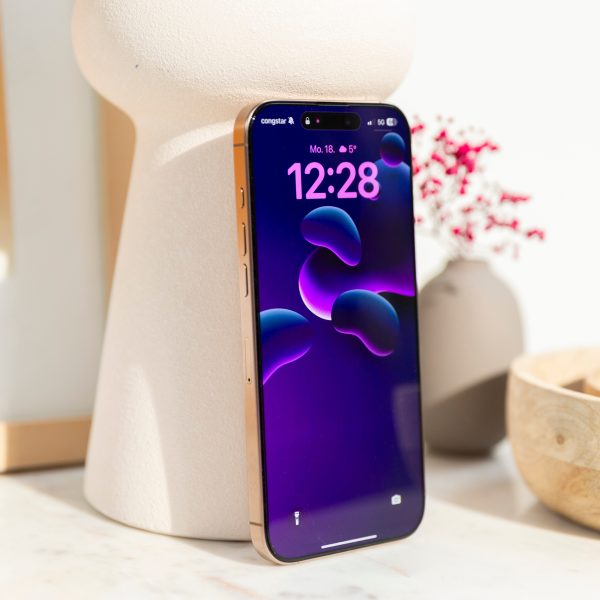 Ein iPhone 16 Pro Max in W&uuml;stensand steht an eine Vase gelehnt auf einem Regal.