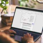 Eine Person sitzt vor einem Notebook. Auf dem Display ist ein ge&ouml;ffnetes Word-Dokument zu sehen; dar&uuml;ber liegt das Fenster zur Einrichtung eines Wasserzeichens.