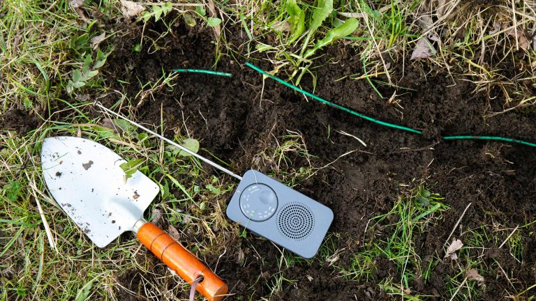 Ein kleiner Stechspaten und ein Begrenzungskabeltester liegen im Gras.