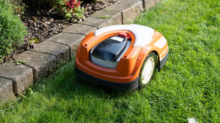 Ein Mähroboter mäht das Gras am Steinrand eines Beets.