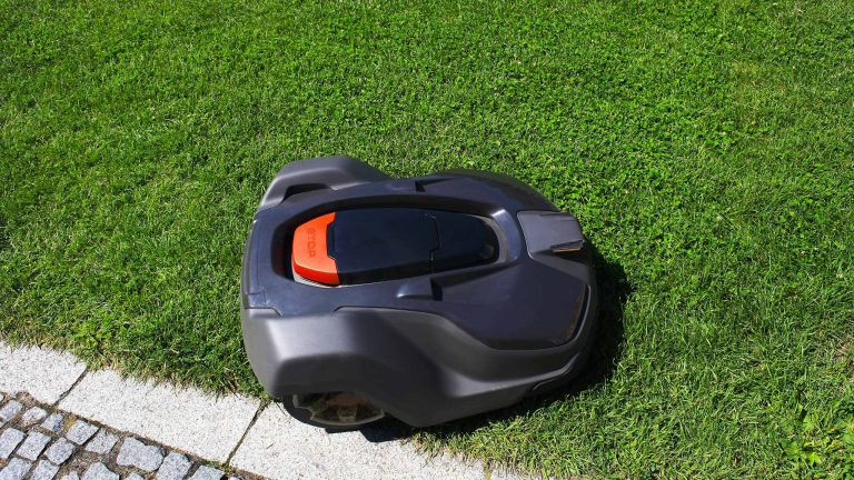 Mähroboter für den kleinen Garten, Darauf kommt es an Ein Mähroboter mäht den Rasen am Rande eines gepflasterten Weges.