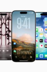 iOS 26 & watchOS 26, Apples bisher größtes Redesign iPhones mit iOS 26 und deutlich zu sehendem Liquid-Glass-Design stehen nebeneinander auf weißem Grund.