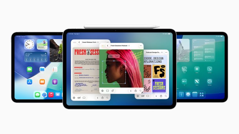 macOS 26 & iPadOS 26, Wer braucht jetzt noch einen Mac? Drei iPads gestapelt nebeneinander. Die hinteren zeigen einen Startbildschirm und eine App-Übersicht. Das vordere drei geöffnete Fenster mit Bildern und PDFs.