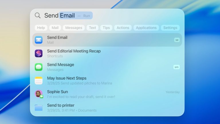 macOS 26 & iPadOS 26, Wer braucht jetzt noch einen Mac? Ein Screenshot eines MacBooks und der Aktion “Send Email” in der Searchbar.
