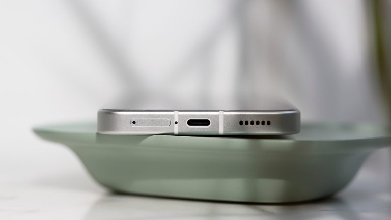 Detailansicht der Unterseite bei einem Nothing Phone (3) auf einer gr&uuml;nen Schale.