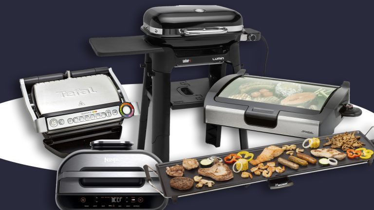 Weber Lumin Compact Stand, TEFAL Kontaktgrill GC712D OptiGrill+, Steba Tischgrill VG 200, Ninja Hei&szlig;luftfritteuse und Grill Foodi MAX AG551EU freistehend vor schwarz-wei&szlig;em Hintergrund