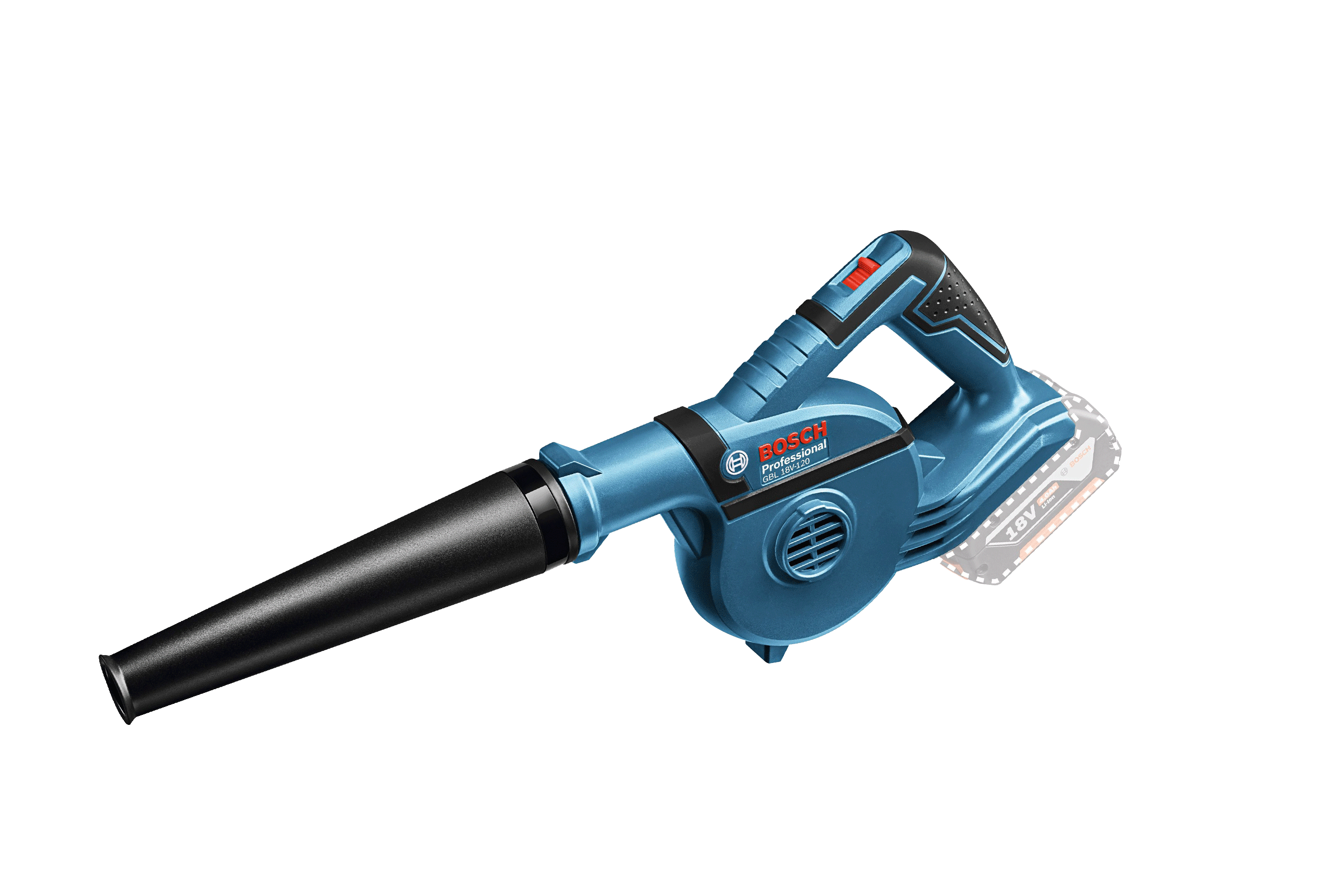 Der Bosch GBL 18V-120 Akku-Laubbl&auml;ser freigestellt auf wei&szlig;em Hintergrund.