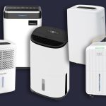 5 freigestellte Luftentfeuchtermodelle auf dunklem Hintergrund.