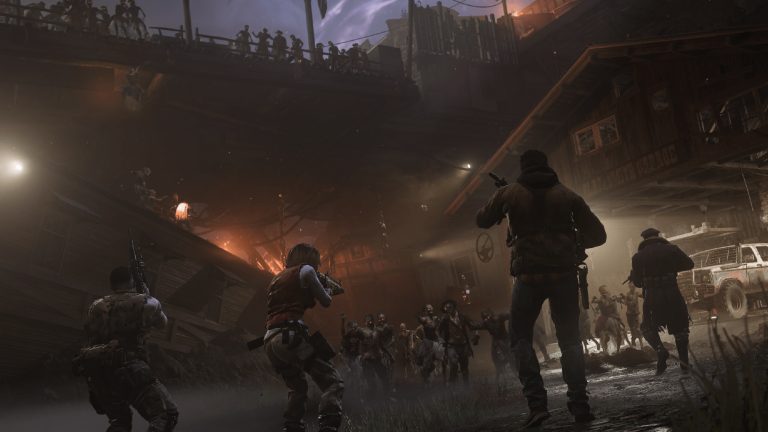 Drei Soldat*innen stellen sich auf einer dunklen Karte einer Masse von Zombies, die auf sie zulaufen.