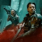 Drei Charaktere aus Call of Duty: Black Ops 7 stehen mit gezogenen Waffen in einer albtraumhaften Umgebung.