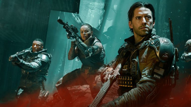 Drei Charaktere aus Call of Duty: Black Ops 7 stehen mit gezogenen Waffen in einer albtraumhaften Umgebung.