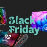 Freisteller von einem PC, Fernseher und einer Nintendo Switch 2 mitsamt Schriftzug Black Friday.