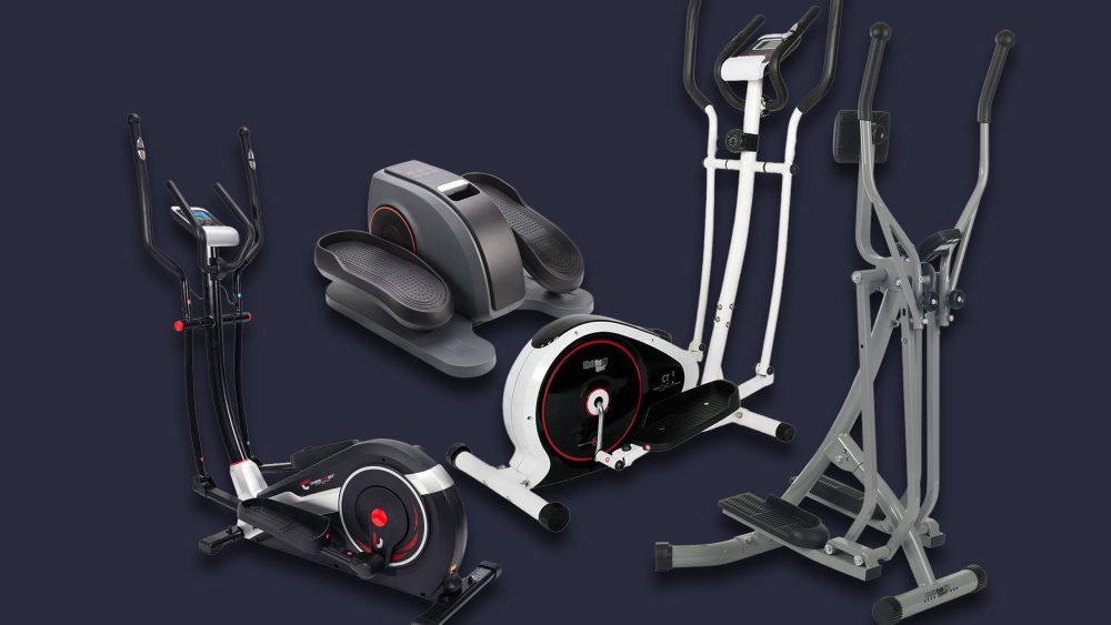 Vier verschiedene Crosstrainer-Modelle freigestellt auf schwarzem Hintergrund.