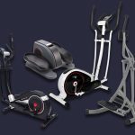 Vier verschiedene Crosstrainer-Modelle freigestellt auf schwarzem Hintergrund.