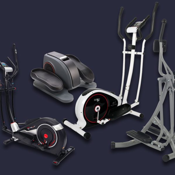 Vier verschiedene Crosstrainer-Modelle freigestellt auf schwarzem Hintergrund.