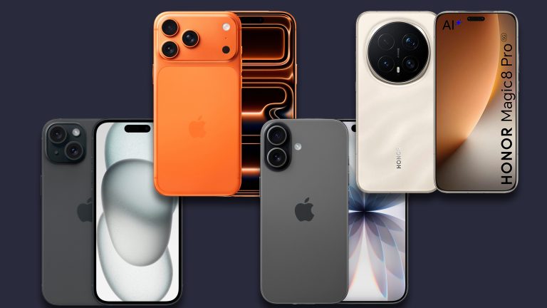 Bild von einem iPhone 17, einem iPhone 17 Pro, einem iPhone 15 und einem Honor Magic 8 Pro vor blauem Grund.