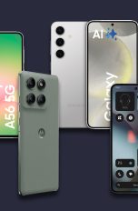 Vergleich, Die beliebtesten Smartphones bis 800 Euro Bild von einem Samsung Galaxy A56, einem Galaxy S24, einem Motorola Edge 60 Pro und einem Nothing Phone (3) vor blauem Grund.