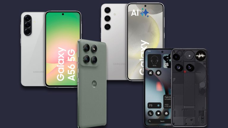 Bild von einem Samsung Galaxy A56, einem Galaxy S24, einem Motorola Edge 60 Pro und einem Nothing Phone (3) vor blauem Grund.