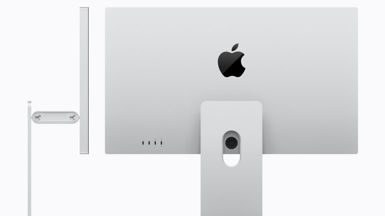 Seit- und R&uuml;ckansicht des Studio Display XDR freigestellt auf wei&szlig;em Hintergrund.