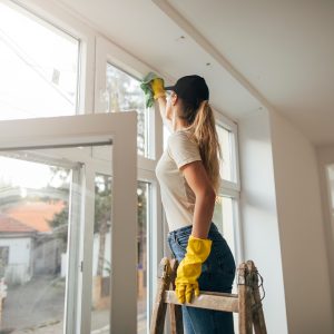 Eine Person steht auf einer Leiter und reinigt den Rahmen eines Fensters mit einem Tuch. Dabei tr&auml;gt sie gelbe Gummihandschuhe.