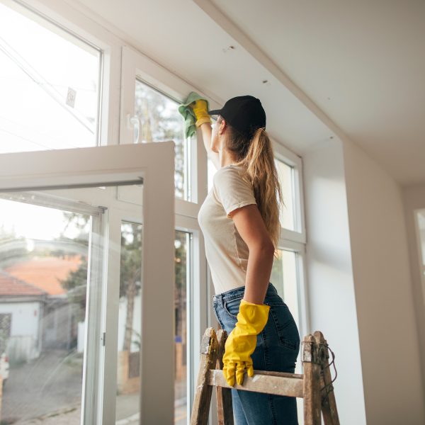 Eine Person steht auf einer Leiter und reinigt den Rahmen eines Fensters mit einem Tuch. Dabei tr&auml;gt sie gelbe Gummihandschuhe.