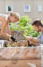 hochbeet-anlegen-1 Zwei Personen bepflanzen gemeinsam ein hölzernes Hochbeet auf einem städtischen Dachgarten. Im Hintergrund sind weitere Beete und ein Wohngebäude zu sehen.