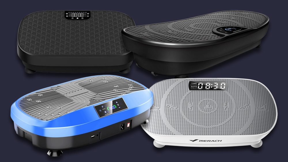 Vier Modelle von Vibrationsplatten freigestellt auf schwarzem Hintergrund