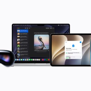 Eine Apple Vision Pro, ein MacBook Pro, ein iPad Pro, ein iPhone und eine Apple Watch nebeneinander mit den neuesten Betriebssystemen.