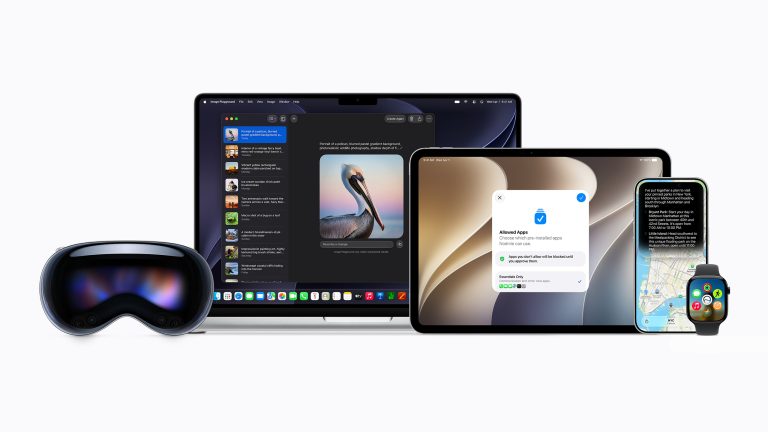 Eine Apple Vision Pro, ein MacBook Pro, ein iPad Pro, ein iPhone und eine Apple Watch nebeneinander mit den neuesten Betriebssystemen.