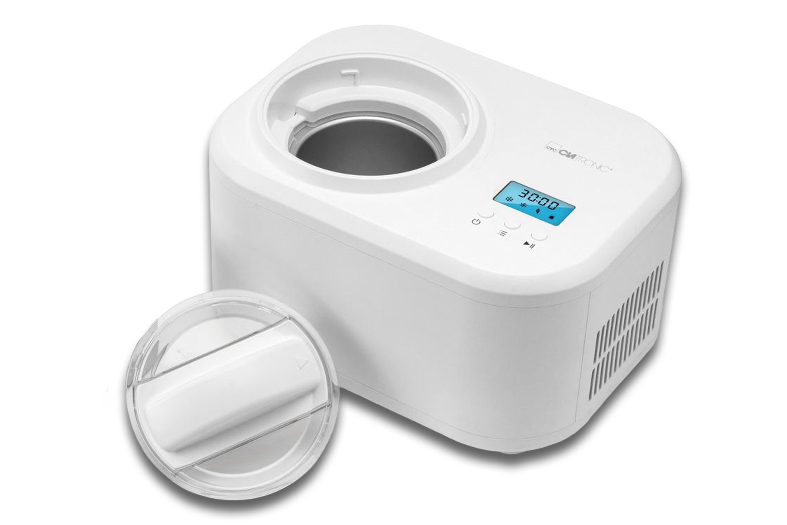 Clatronic Eismaschine ICM 3799 freigestellt auf weißem Hintergrund.