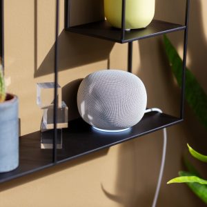 Ein Google Home Speaker in Wei&szlig; steht auf einem schwarzen Regal.