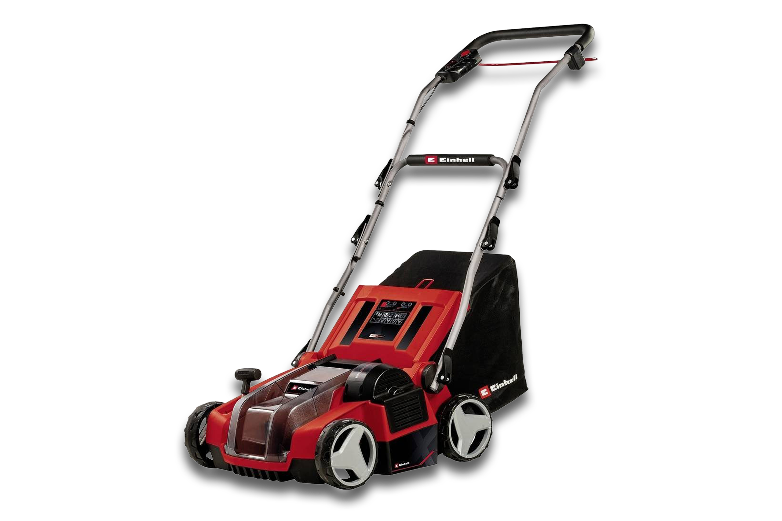 Der Einhell Power X-Change GE-SA 36/35 Li-Solo Vertikutierer freigestellt auf wei&szlig;em Hintergrund.