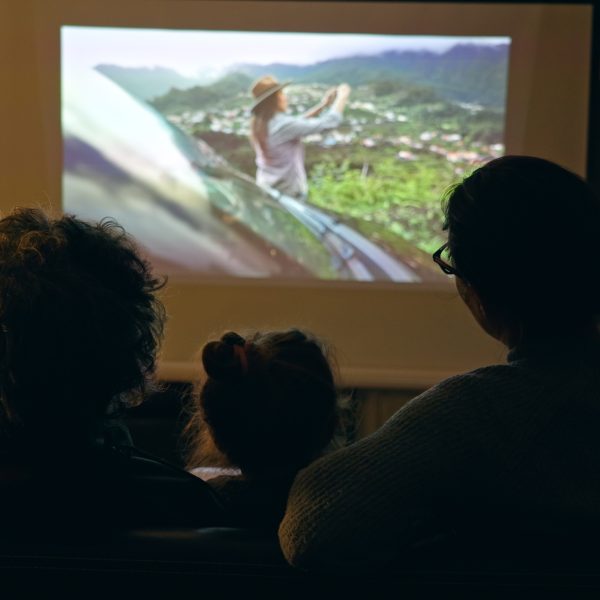 Mehrere Personen sitzen im Wohnzimmer vor einer Leinwand und sehen sich einen Film an. Der Raum ist abgedunkelt und die Personen sind von hinten zu sehen.