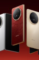 Honor Magic V6, Das neue Foldable will neue Maßstäbe setzen Blick auf das Honor Magic V6, zu- und aufgeklappt in vier verschiedenen Farben: Weiß-Silber, Rot-Gold, Gold und Schwarz.