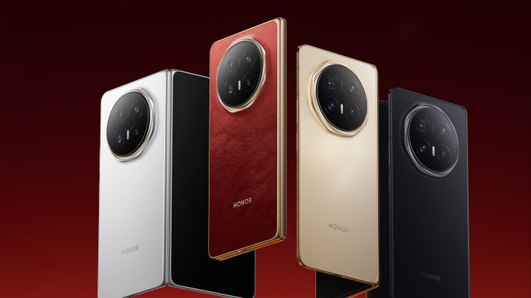 Blick auf das Honor Magic V6, zu- und aufgeklappt in vier verschiedenen Farben: Wei&szlig;-Silber, Rot-Gold, Gold und Schwarz.