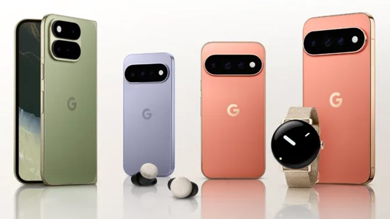 Blick auf die komplette neue Pixel 11-Reihe, von links nach rechts mit dem Pixel 11 Pro Fold, dem Pixel 11, dem Pixel 11 Pro und dem Pixel 11 Pro XL.