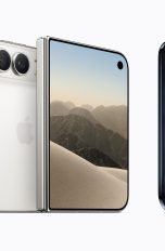 iPhone Duo, Apples neue Smartphone-Revolution Das iPhone Duo in den beiden Farben Sternenweiß und Nachthimmel sind jeweils von der Front und der Rückseite zu sehen.