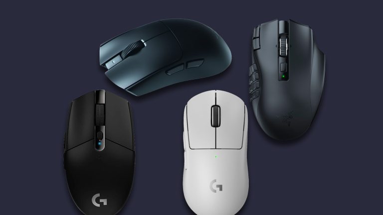 Vier Gaming-Mäuse als Freisteller vor blauem Grund.
