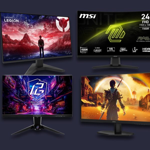 Vier Gaming-Monitore als Freisteller vor blauem Grund.