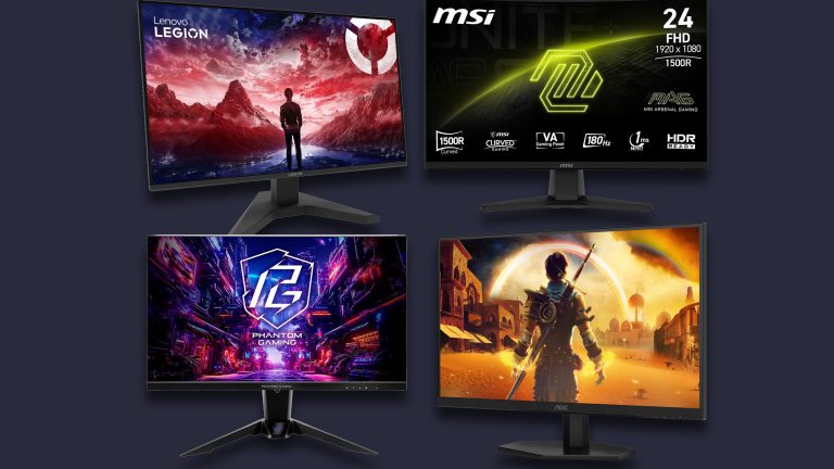 Vier Gaming-Monitore als Freisteller vor blauem Grund.